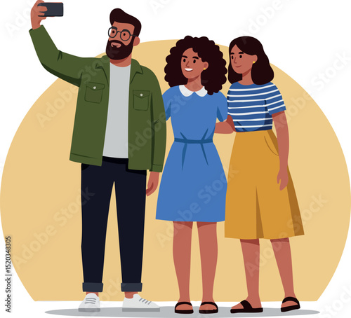 Group of diverse young adults taking selfie with smartphone in casual outfits vector illustration 