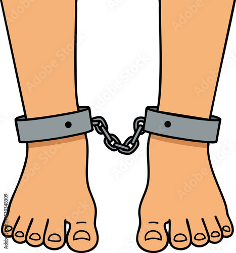 Bare feet with metal handcuffs and chains symbolizing restraint and captivity vector illustration 