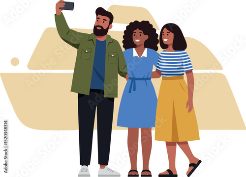 Group of friends taking selfie with smartphone in casual clothes vector illustration 
