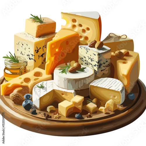 Cheese platter in digital painting style, warm natural colors, gourmet food and culinary presentation concept