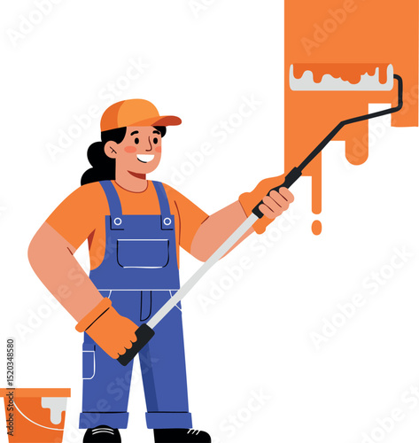 Female Painter Using Roller Brush Applying Orange Paint on Wall in Overalls and Cap 