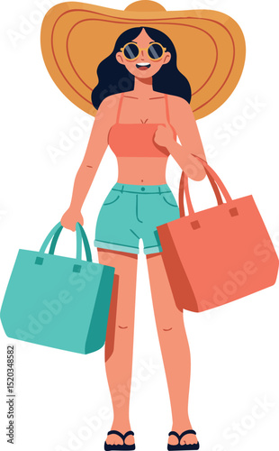 Woman with summer hat holding shopping bags in casual outfit vector illustration 