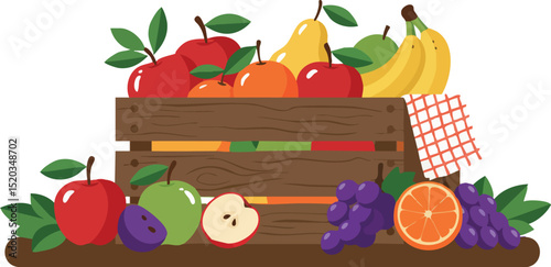 Fresh assorted fruit crate with apples bananas grapes and orange vector illustration 