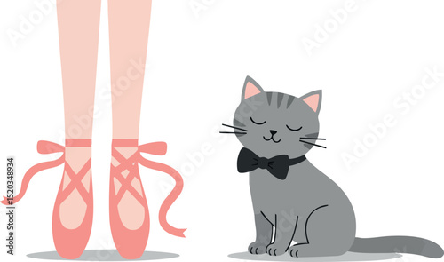Ballet dancer feet with pink pointe shoes and gray cat sitting peacefully vector illustration 