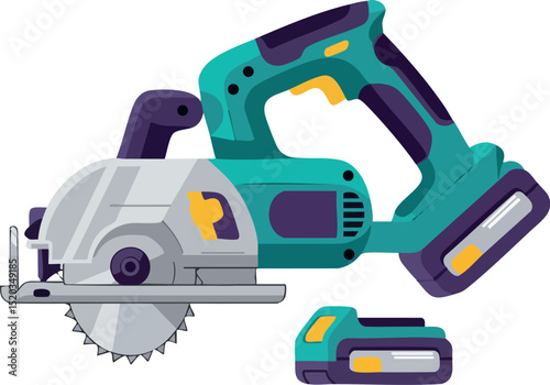 Cordless Circular Saw Power Tool Illustration with Blue and Purple Colors for Construction Use 