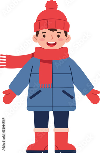 Child wearing winter clothes with red scarf hat mittens and boots vector illustration 