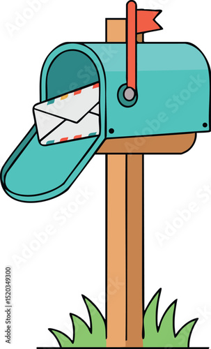 Blue Mailbox with Open Door and Envelope on Wooden Post in Grass Vector Illustration 