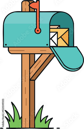 Blue mailbox with letters and red flag on wooden post illustration vector design 