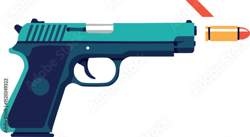 Semi Automatic Pistol Shooting Bullet Vector Illustration in Blue and Orange Colors 