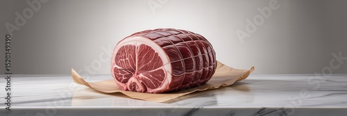 Premium Raw Beef Roast Freshly Cut on Craft Paper Against Neutral Gray Background - Gourmet Meat Concept