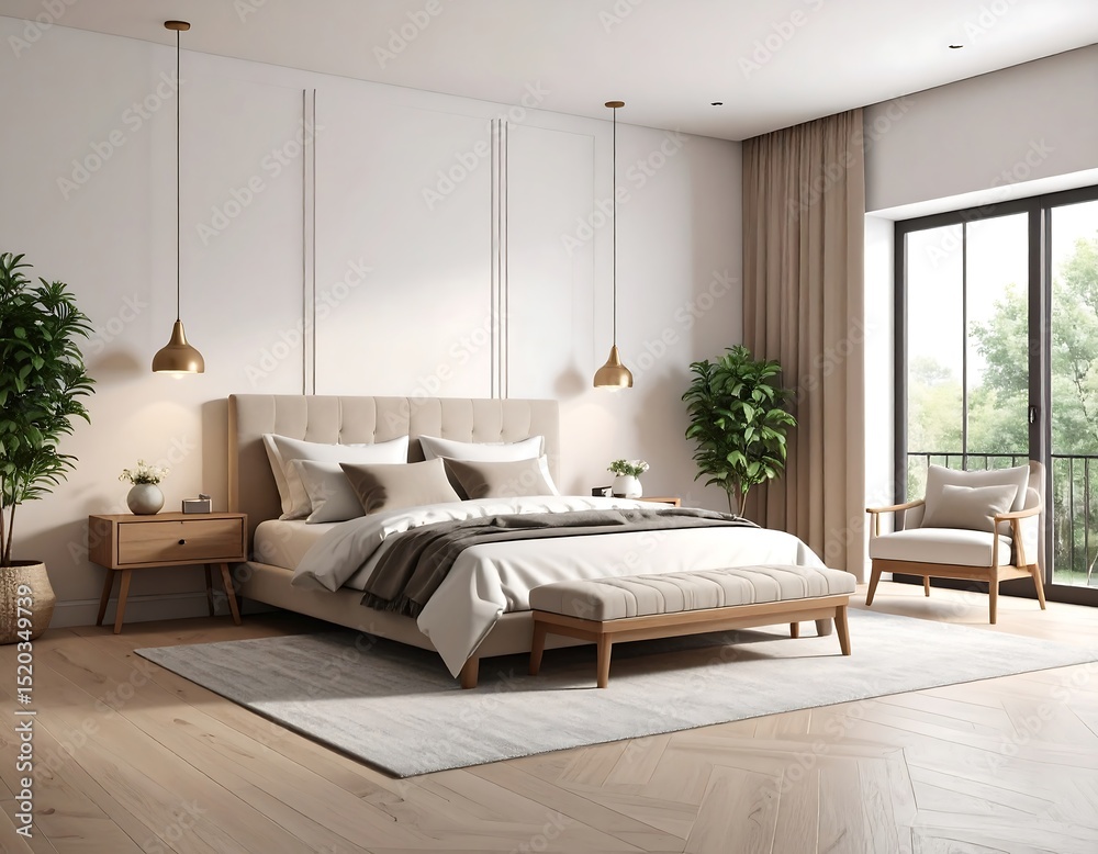 Fototapeta premium Modern beige bedroom with large windows