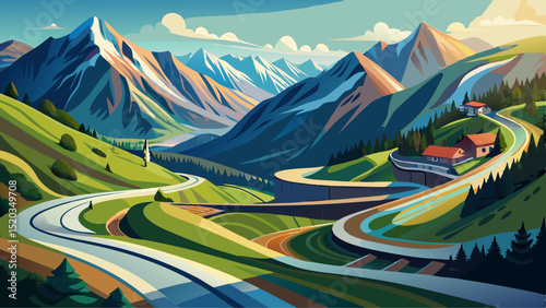 Panoramic Image of Grossglockner Alpine Road. Curvy Winding Road in Alps.