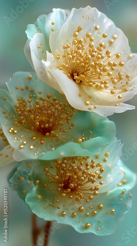 Beautiful blossoms with delicate petals and golden accents adorning a serene background