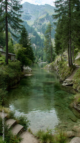 Serene river flows through tall trees and mountains in a peaceful natural setting with clear water