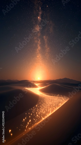 Sunset illuminating a desert landscape with a glowing river of sand and starlit sky