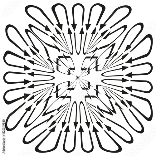 Radial arrow burst. Symmetrical direction shape. Abstract vector icon. Movement flow symbol.