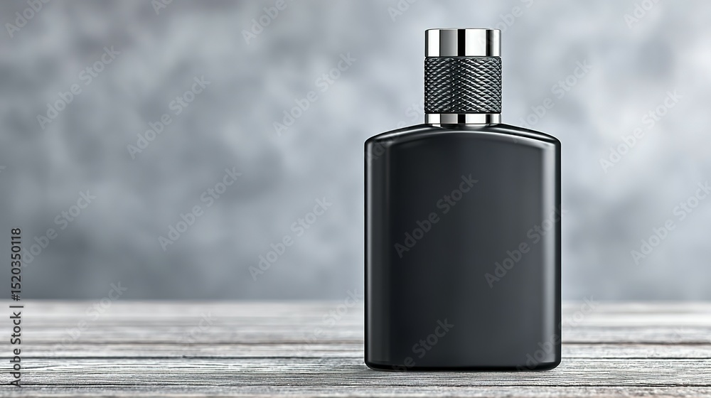 Obraz premium Dark perfume bottle on a rustic wooden surface.