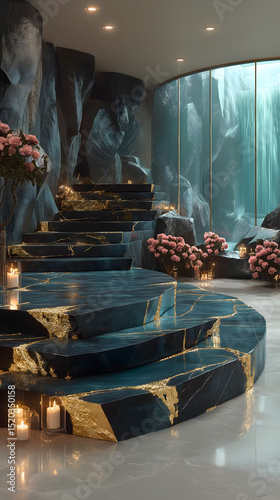Elegant interior of a luxurious spa featuring marble stairs, floral arrangements, and serene waterfalls