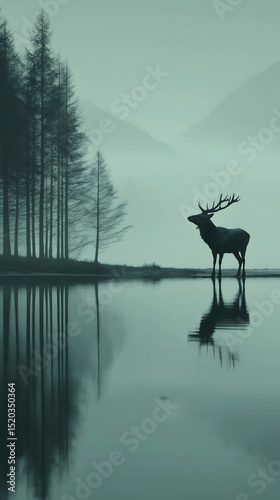 Majestic stag stands by tranquil lake at dawn under misty mountains and tall trees