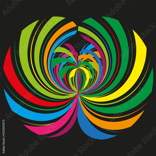 Color spiral vector. Abstract swirl motion. Multicolor vortex symbol. Dark background shape.