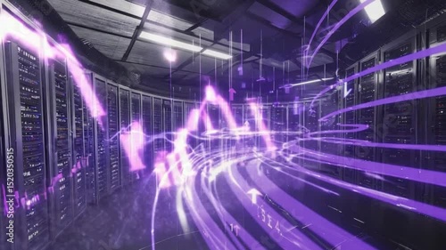 Data center server room with abstract neon streams and dynamic digital flow visuals