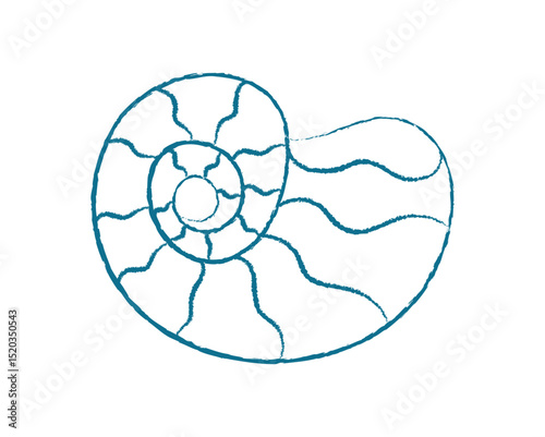 Chalk style seashell icon. Doodle of an aquatic creature. Marine life, ocean context, flat format, potential for summer projects.