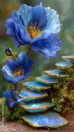 Blue flowers bloom beside intricate stone steps in a serene garden setting at dawn