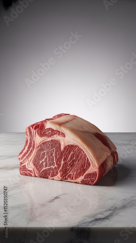 Premium Raw Marbled Beef Steak Cut on Elegant Marble Surface with Clean Gray Background