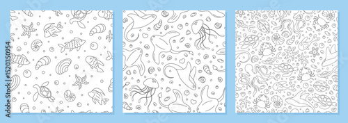 Underwater seamless cartoon pattern set with outline marine creatures. Fish, jellyfish, turtles, and starfish swim across the ocean in a playful style. Perfect for aquatic backgrounds or marine