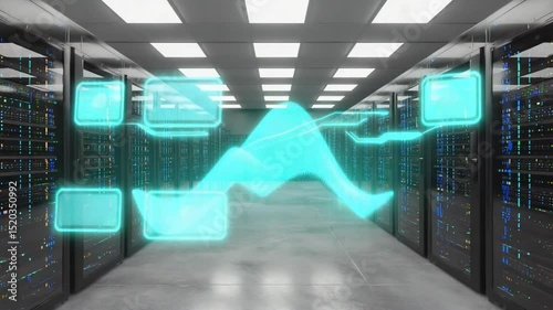 Data center server room with glowing animated flow visualization of information transmission
