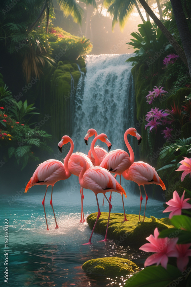 Fototapeta premium Pink flamingos standing gracefully at the foot of a breathtaking waterfall in a tropical paradise.