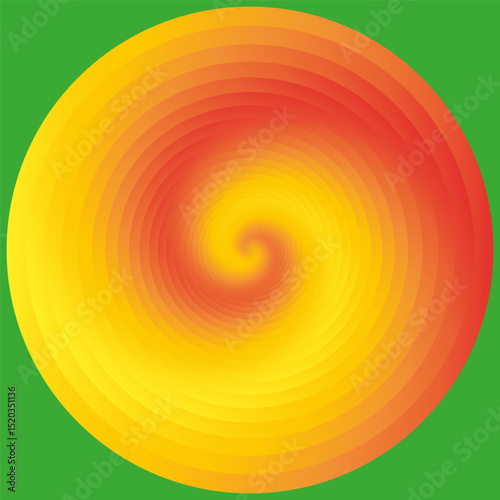 Spiral circle gradient. Warm yellow red swirl. Vivid green background. Vector abstract art.