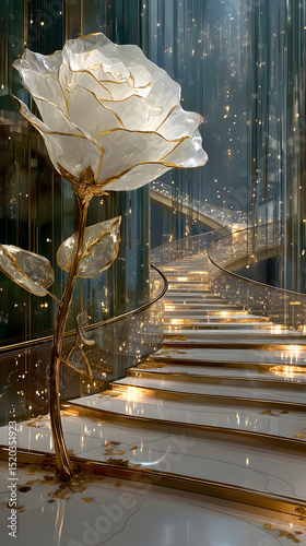 Elegant rose sculpture amidst a shimmering staircase in an enchanting setting