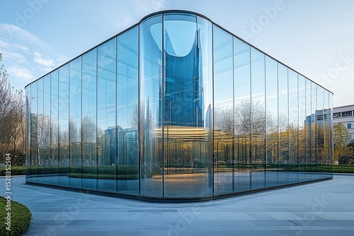 Modern Architecture Marvel. Sleek Glass Building with Geometric Shapes Reflecting Sunlight in an Urban Landscape