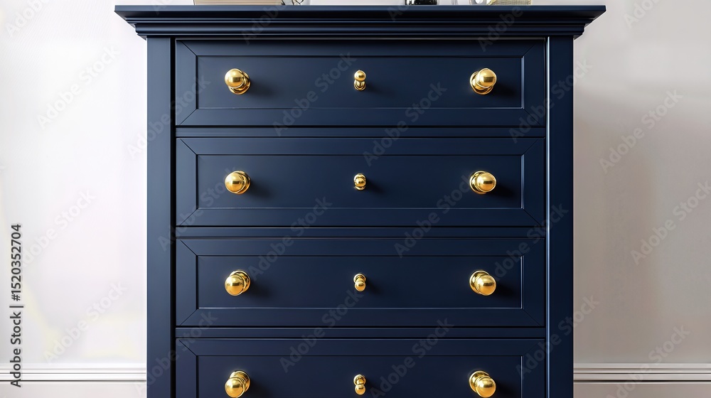 Fototapeta premium Close-up front view of elegant navy blue chest of drawers with gold handles on white background