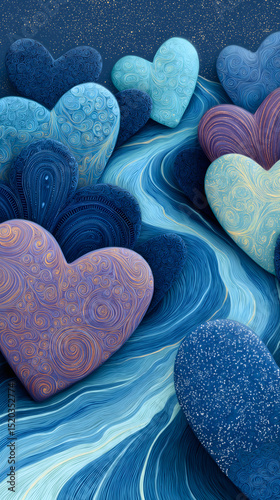 Colorful hearts float on swirling blue waves in a whimsical landscape under a starry night sky