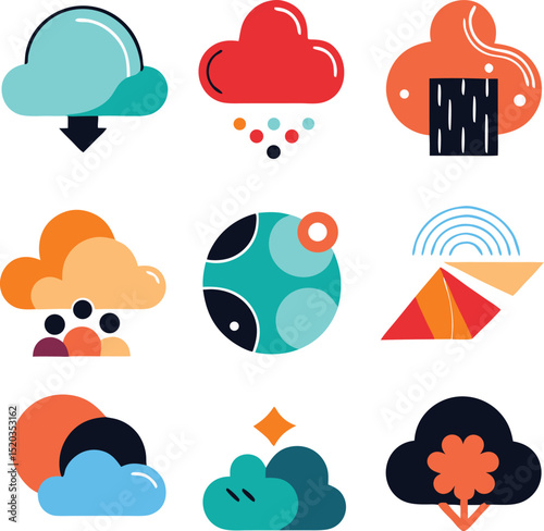 Abstract weather icons set featuring colorful clouds and celestial elements