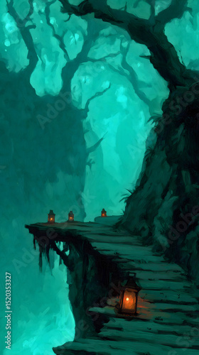 Mysterious forest pathway illuminated by lanterns at twilight in a dreamlike environment