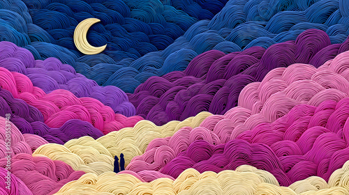 Romantic couples enjoy a dreamy night under a crescent moon surrounded by colorful clouds in a surreal landscape