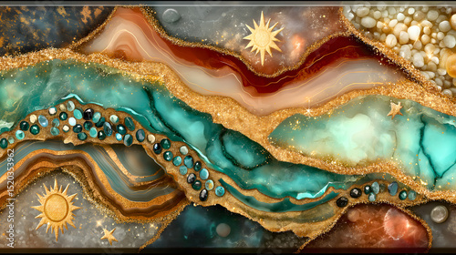 Colorful agate design with golden accents and gemstone details creates a striking abstract landscape
