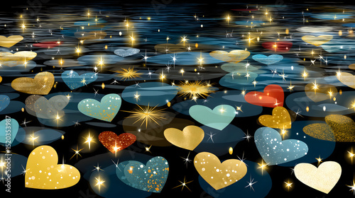 Colorful hearts and shimmering lights reflect on calm water at night