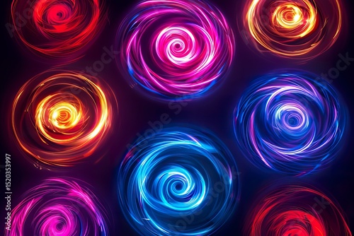 Set of glowing neon spiral shapes with dynamic energy lines isolated on black background technology concept. Spiral light frame border. You can use for animation effects, icons, and symbols