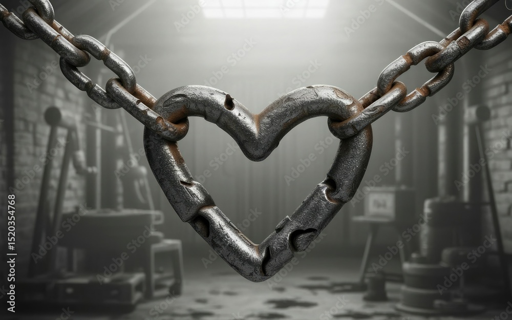 Naklejka premium Rusty chain forming heart shape in old workshop