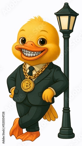 Cartoon duck character in a suit with jewelry poses confidently by a street lamp in a playful setting