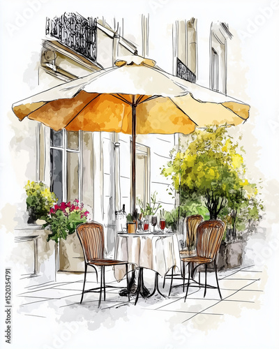 Outdoor café table with umbrella in watercolor illustration style