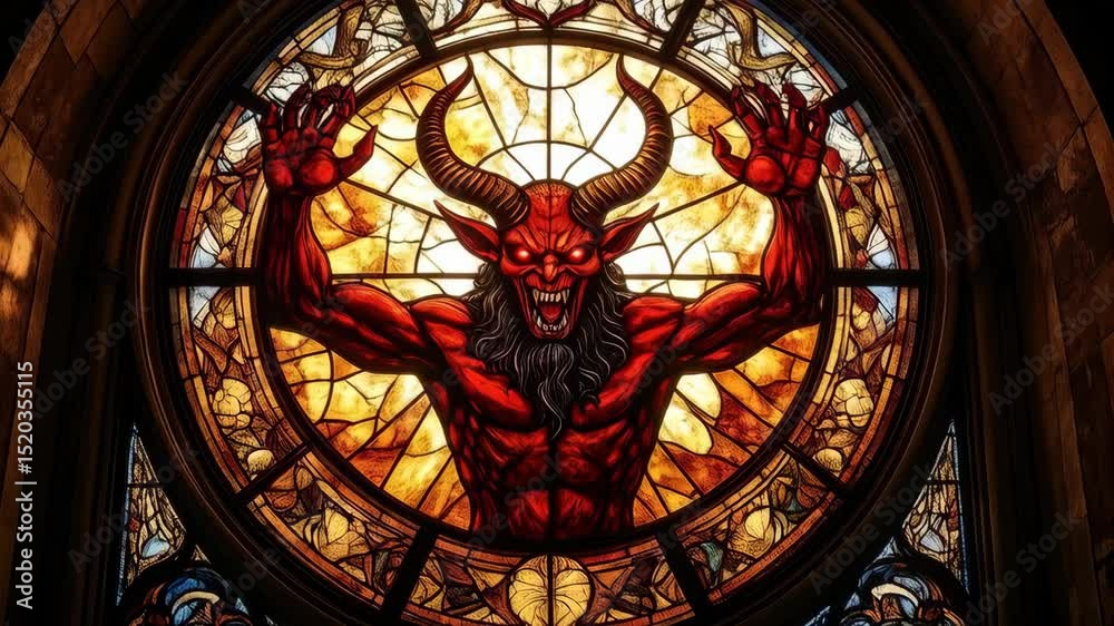 Demon In Window Fiery red horned demon figure stained glass window, arms raised ...