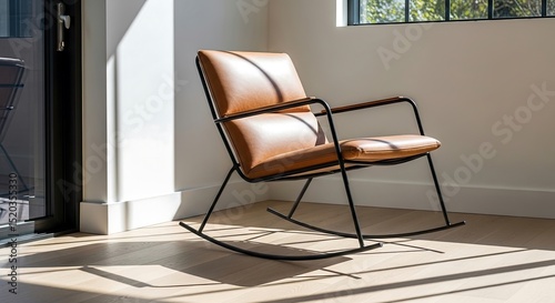 A brown leather rocking chair in a well-lit room with sunlight streaming through a window creates shadows on the wooden floor.