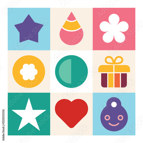 Colorful and playful array of flat design shapes on a grid background