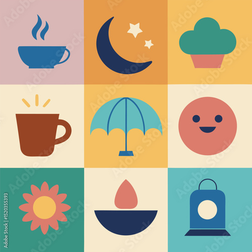 Colorful and playful graphic icons representing everyday objects and symbolic elements