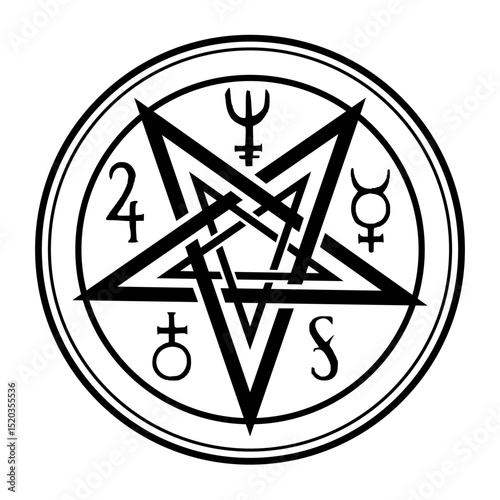 Star symbol in a circle, pentagram. Black outline on white background